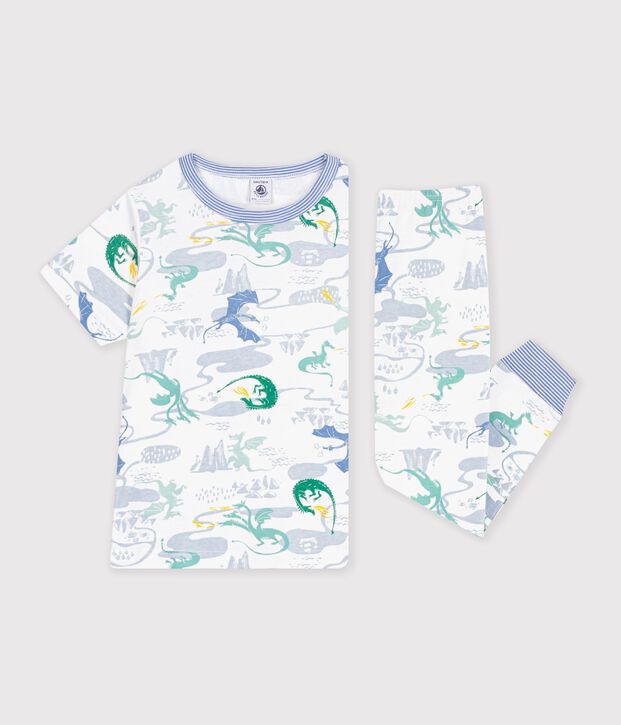 Pyjama enfant en coton manches courtes jambes longues imprim&eacute; blanc/multicouleur