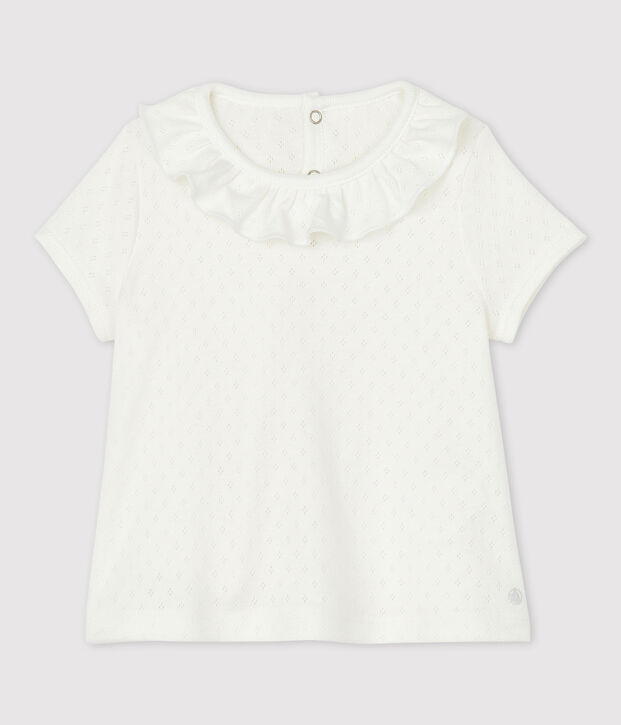 Blouse ajour&eacute;e manches courtes en coton b&eacute;b&eacute; fille blanc