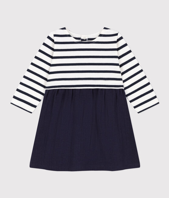 Robe manches longues bimatière bébé bleu SMOKING/blanc MARSHMALLOW
