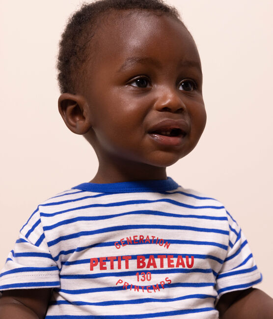 Tee-shirt manches courtes bébé rayé en coton blanc MARSHMALLOW/bleu PERSE