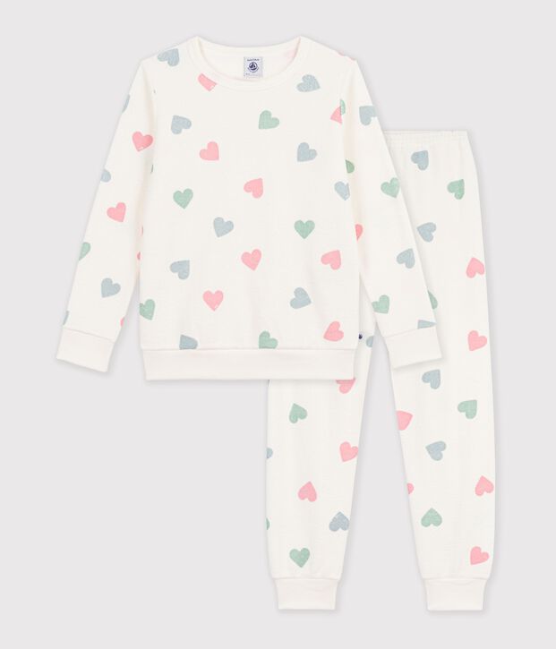 Pyjama enfant en coton &eacute;ponge &agrave; c&oelig;urs &eacute;cru/multicouleur
