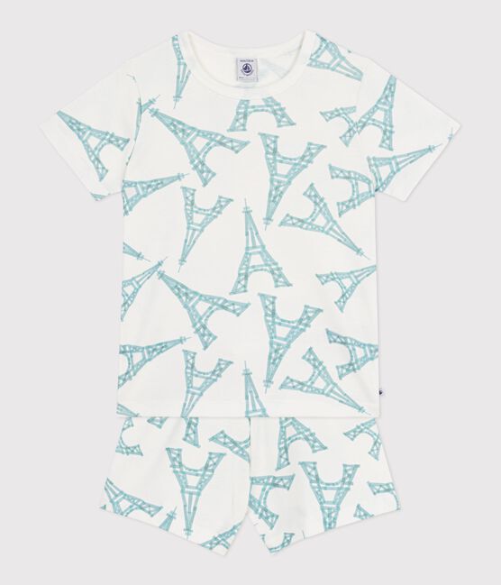 Pyjama short enfant en coton imprimé Tour Eiffel blanc MARSHMALLOW/blanc MULTICO