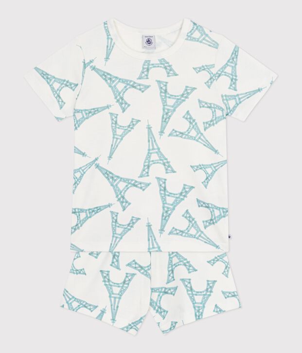 Pyjama short enfant en coton imprim&eacute; Tour Eiffel blanc/multicouleur