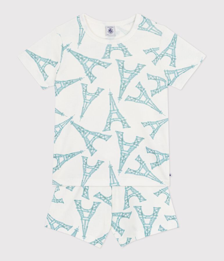 Pyjama short enfant en coton imprim&eacute; Tour Eiffel blanc MARSHMALLOW/blanc MULTICO