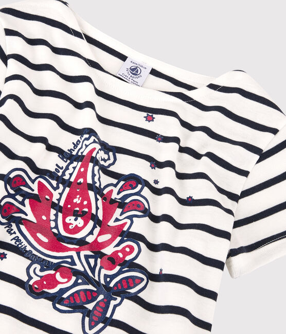 T-shirt manches courtes en coton bio enfant fille blanc MARSHMALLOW/bleu SMOKING