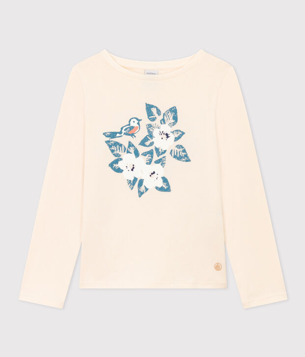 Tee-shirt manches longues en coton enfant fille &eacute;cru/bleu