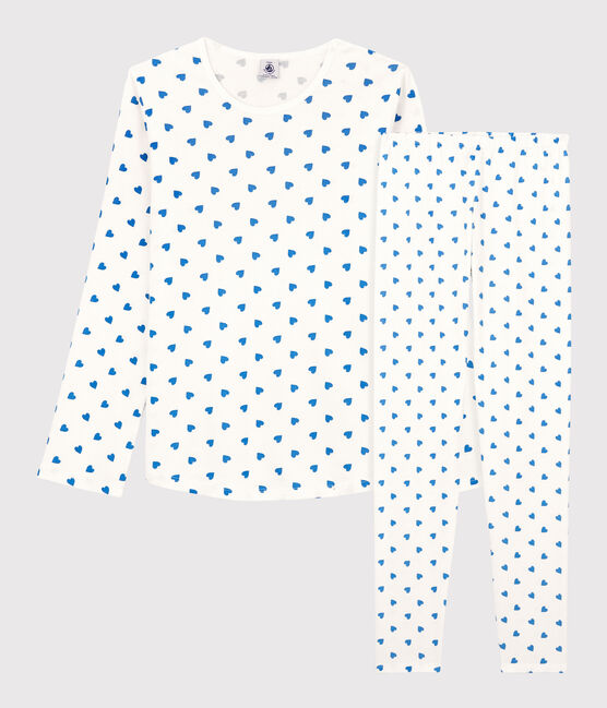 Pyjama fille/femme cœurs bleus en coton blanc MARSHMALLOW/bleu BRASIER