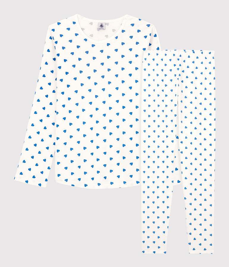 Pyjama fille/femme c&oelig;urs bleus en coton blanc/bleu