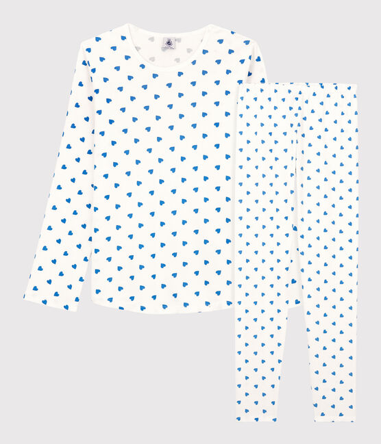 Pyjama fille/femme cœurs bleus en coton blanc MARSHMALLOW/bleu BRASIER