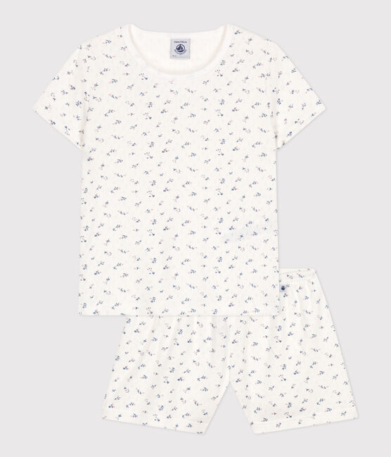 Pyjama short enfant en coton ajouré imprimé fleurs blanc MARSHMALLOW/blanc MULTICO