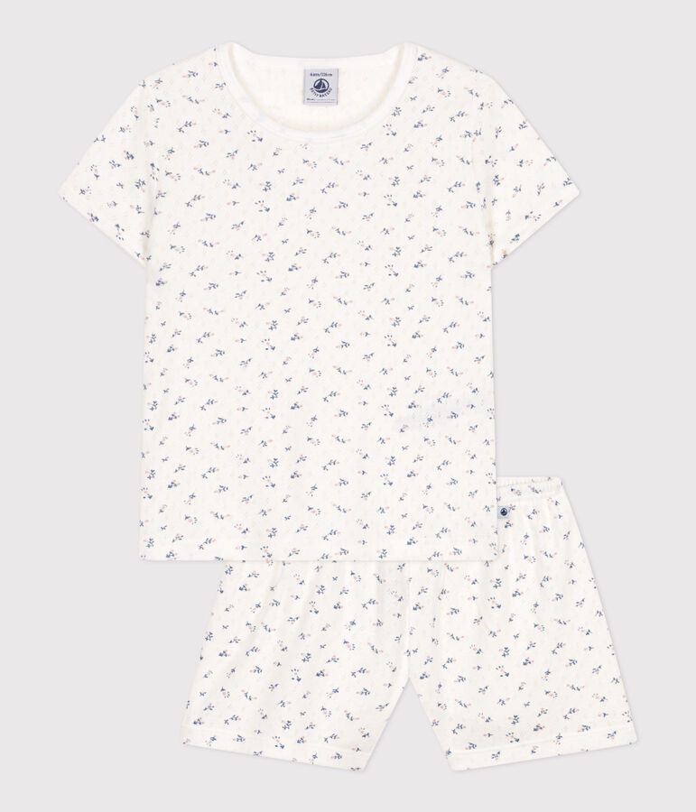 Pyjama short enfant en coton ajour&eacute; imprim&eacute; fleurs blanc MARSHMALLOW/blanc MULTICO
