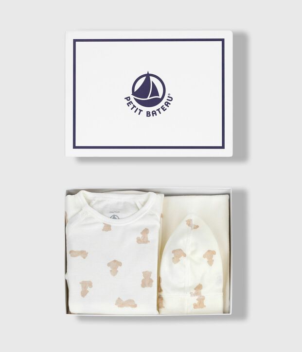 Coffret cadeau b&eacute;b&eacute; en coton imprim&eacute; blanc/BRUN