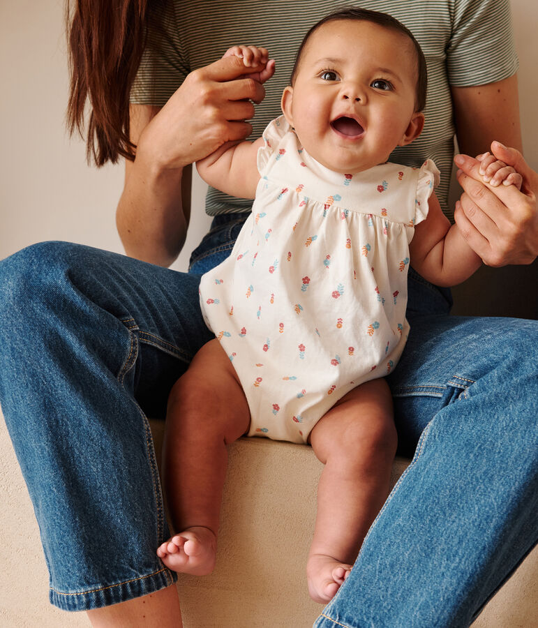 Barboteuse b&eacute;b&eacute; en coton, imprim&eacute; petites fleurs champ&ecirc;tres blanc MARSHMALLOW/blanc MULTICO