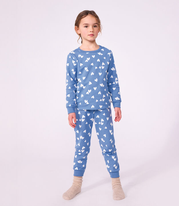 Pyjama enfant en molleton &agrave; c&oelig;urs bleu/blanc