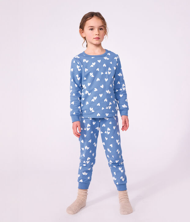 Pyjama enfant en molleton &agrave; c&oelig;urs bleu/blanc