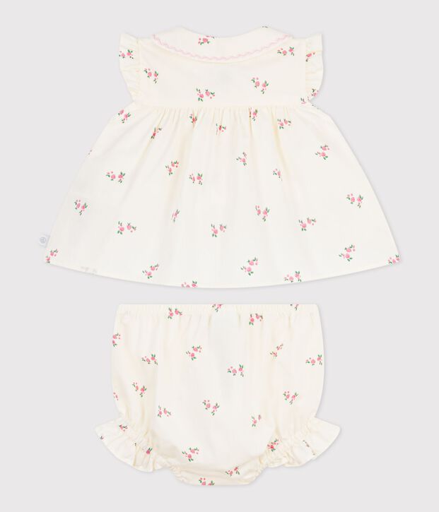 Ensemble 2 pi&egrave;ces b&eacute;b&eacute; en coton, blouse et bloomer imprim&eacute;s fleurs &eacute;cru/multicouleur