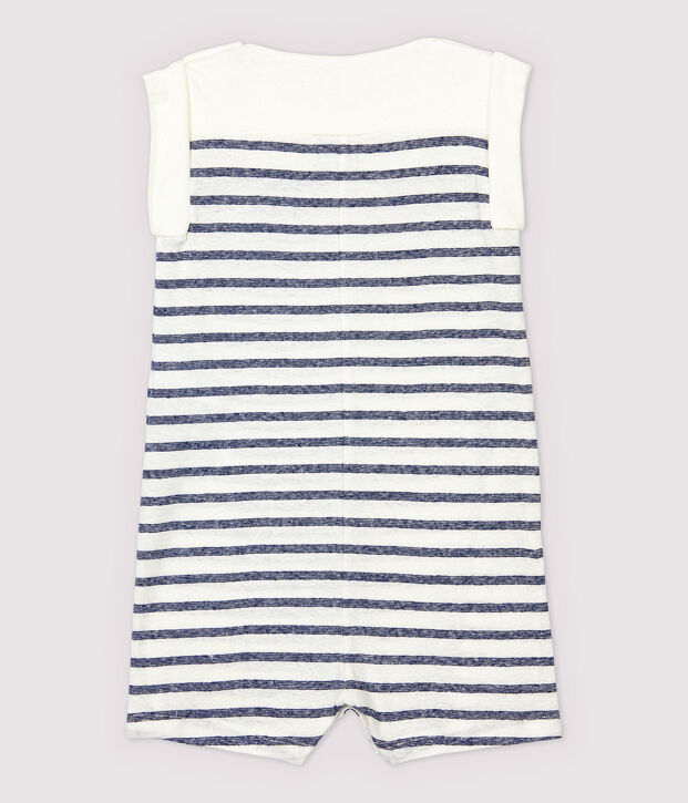 Combinaison courte en coton/lin ray&eacute; b&eacute;b&eacute; gar&ccedil;on blanc/bleu