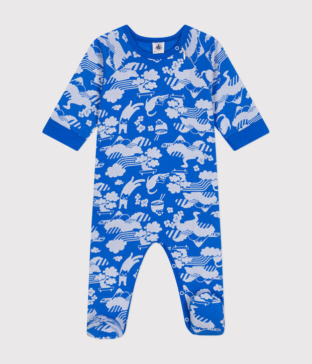 Pyjama zipp&eacute; en coton b&eacute;b&eacute; bleu/blanc