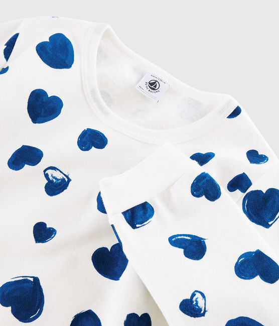 Pyjama fille / femme imprimé cœurs en côte blanc MARSHMALLOW/bleu BLEU
