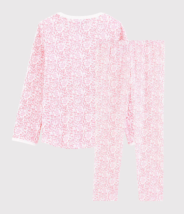 Pyjama fleur rose petite fille en c&ocirc;te blanc/rose