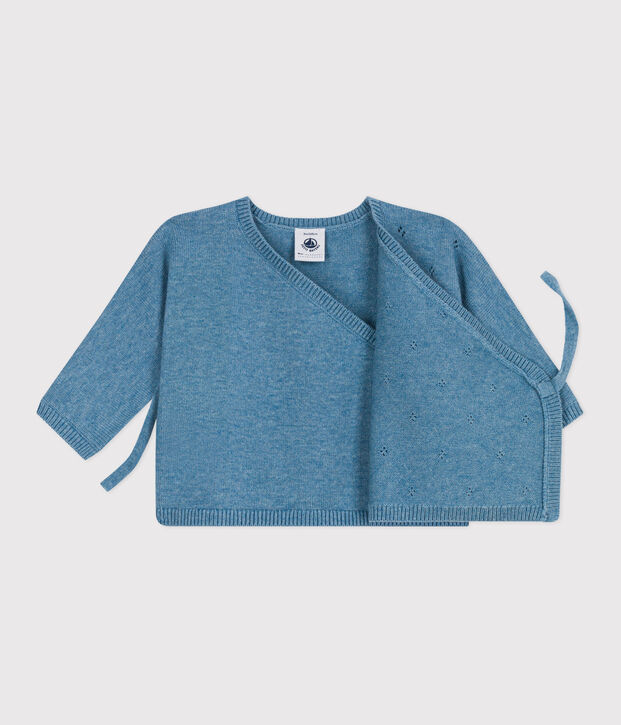 Brassi&egrave;re b&eacute;b&eacute; cache-c&oelig;ur ajour&eacute;e en tricot laine et coton bleu