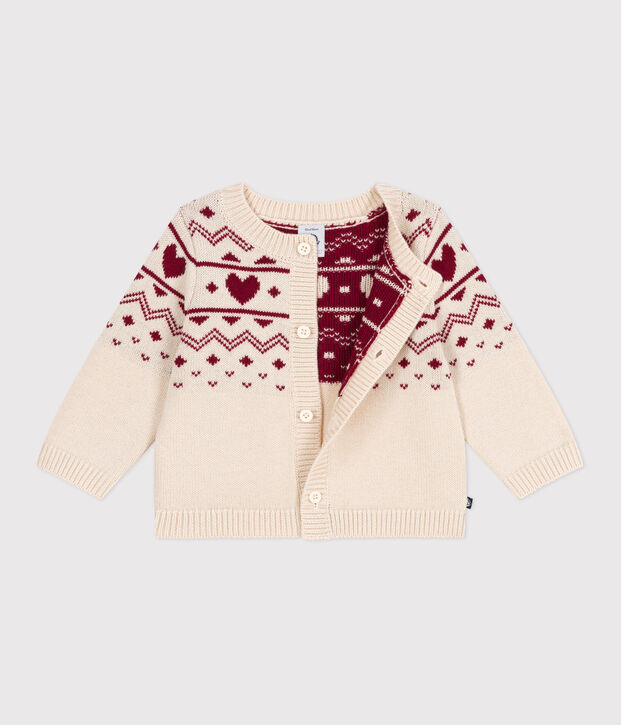 Cardigan b&eacute;b&eacute; en tricot laine et coton, motifs c&oelig;urs &eacute;cru/rouge