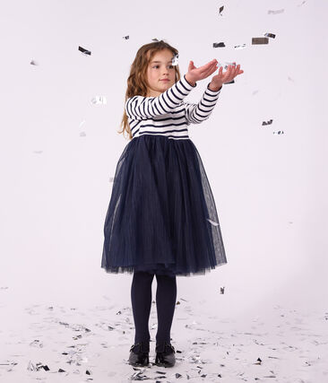 Robe enfant en coton et tulle manches longues à rayures
