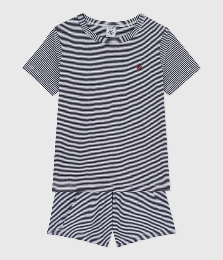 Pyjama short enfant en coton &agrave; rayures bleu SMOKING/blanc MARSHMALLOW