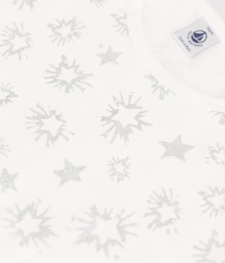 Pyjama imprim&eacute; &eacute;toiles fille en coton blanc MARSHMALLOW/blanc MULTICO