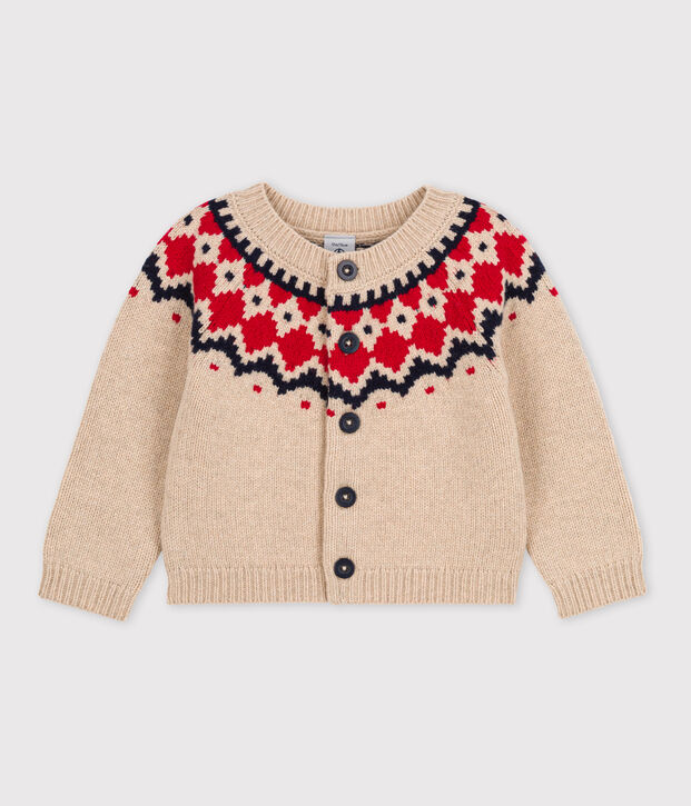Cardigan b&eacute;b&eacute; en tricot en laine et coton beige/multicouleur