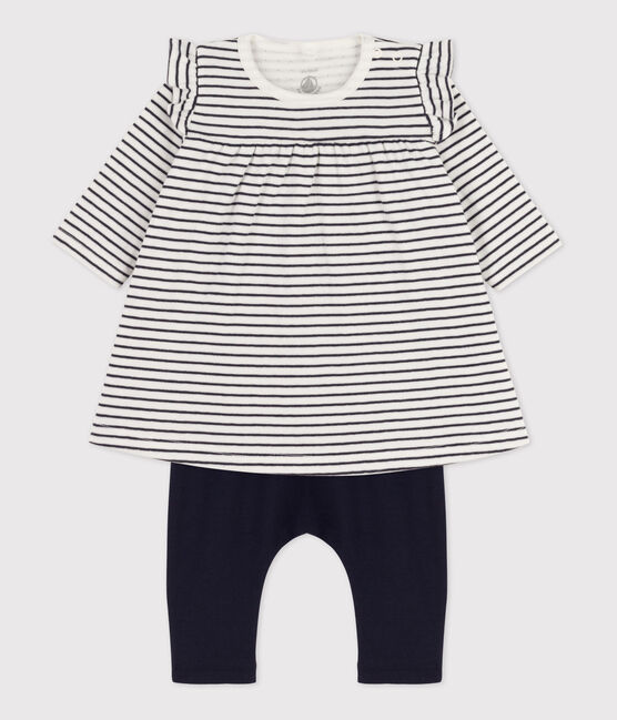 Robe legging à rayures marinières bébé en tubique en coton blanc MARSHMALLOW/bleu SMOKING