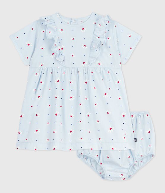 Robe bébé en coton manches courtes imprimée avec son bloomer bleu FRAICHEUR/blanc MULTICO
