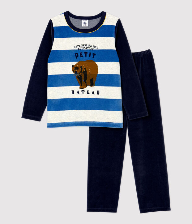 Pyjama ray&eacute; petit gar&ccedil;on en velours bleu/multicouleur