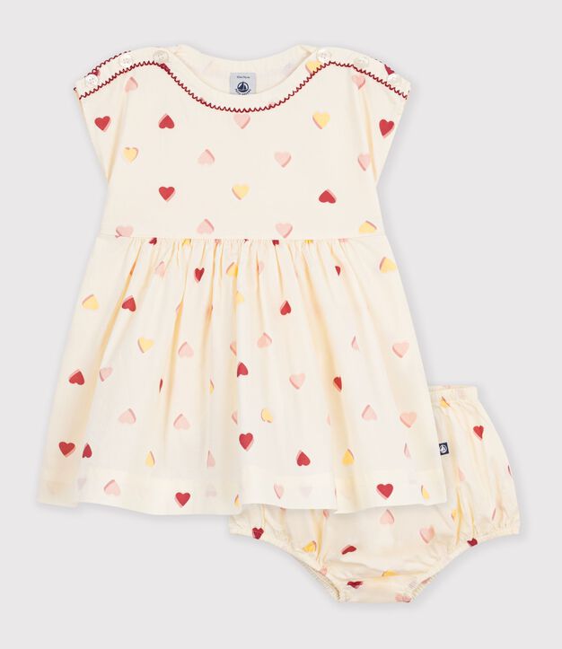 Robe b&eacute;b&eacute; en coton manches courtes imprim&eacute;e c&oelig;urs &eacute;cru/multicouleur