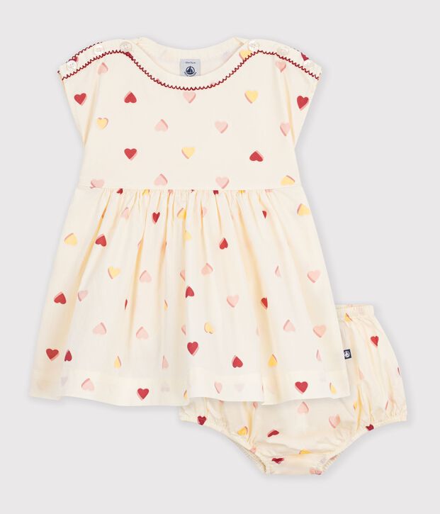 Robe b&eacute;b&eacute; en coton manches courtes imprim&eacute;e c&oelig;urs &eacute;cru/multicouleur