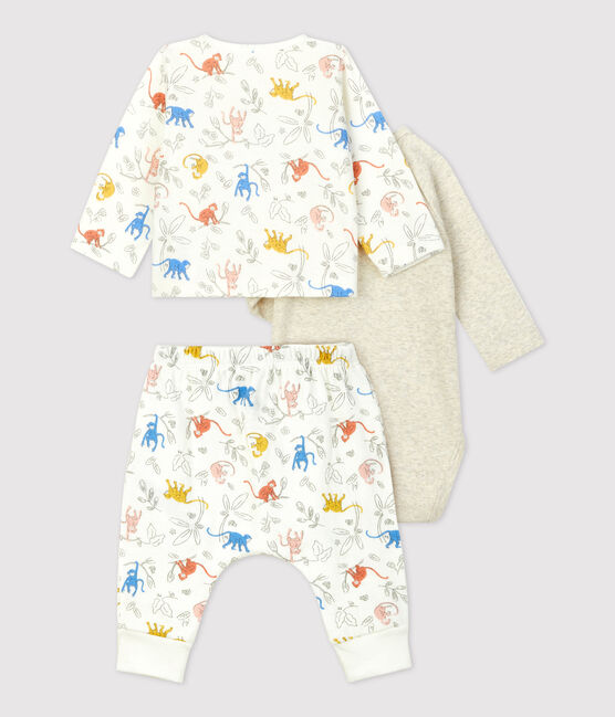 Ensemble 3 pièces imprimé singes en tubique bio bébé blanc MARSHMALLOW/blanc MULTICO