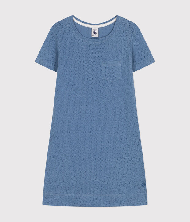 Chemise de nuit unie en coton ajour&eacute; enfant bleu
