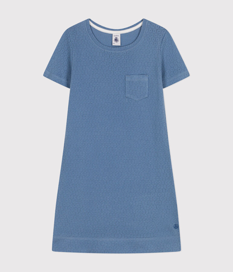 Chemise de nuit unie en coton ajour&eacute; enfant bleu BEACH
