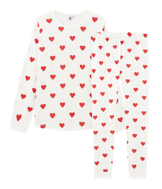 Pyjama cœur fille - garçon en côte blanc MARSHMALLOW/rouge TERKUIT