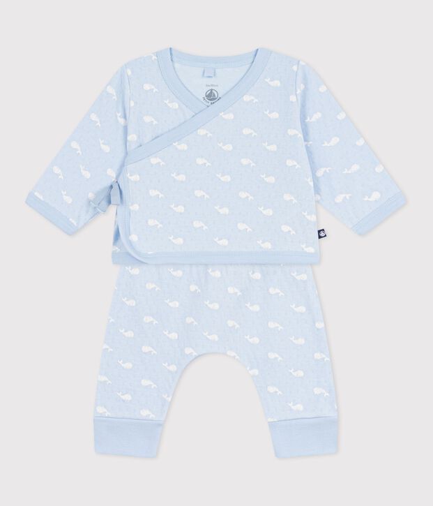 Ensemble long 2 pi&egrave;ces b&eacute;b&eacute; en coton, imprim&eacute;s baleines bleu/&eacute;cru
