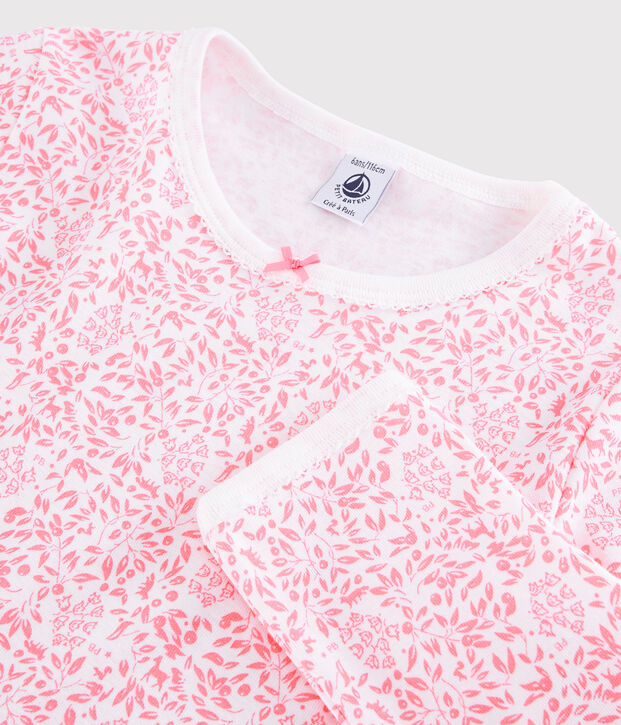 Pyjama fleur rose petite fille en c&ocirc;te blanc/rose