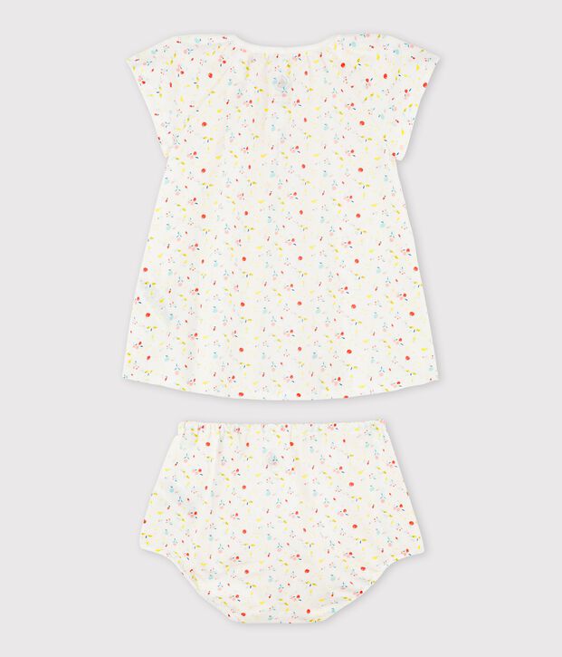 Robe manches courtes fruit&eacute;e avec bloomer b&eacute;b&eacute; fille en tubique chaine et trame en coton biologique blanc/multicouleur