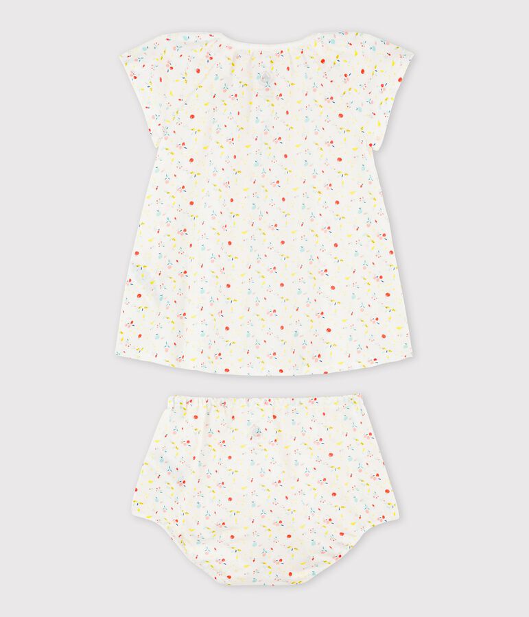 Robe manches courtes fruit&eacute;e avec bloomer b&eacute;b&eacute; fille en tubique chaine et trame en coton biologique blanc MARSHMALLOW/blanc MULTICO