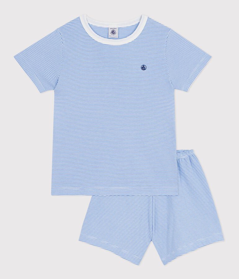 Pyjama short enfant en coton &agrave; rayures bleu EDNA/blanc MARSHMALLOW