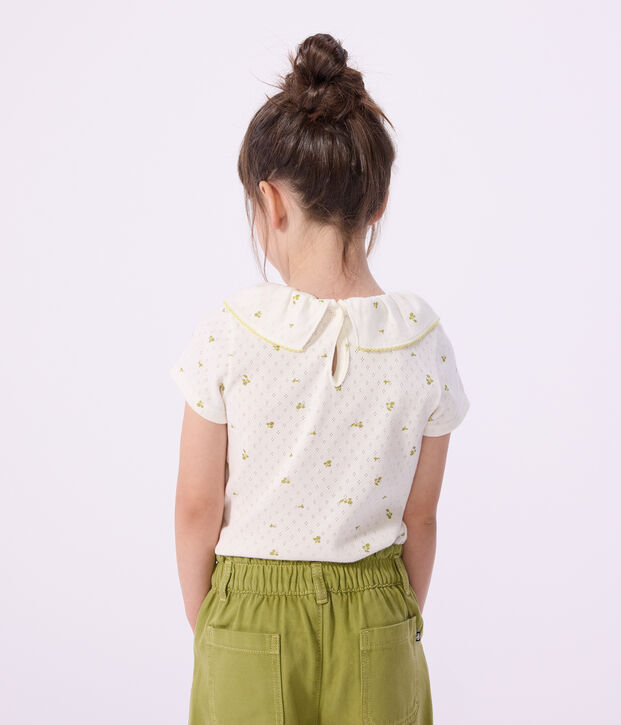 Tee-shirt enfant manches courtes en coton imprim&eacute; fleurs blanc/vert