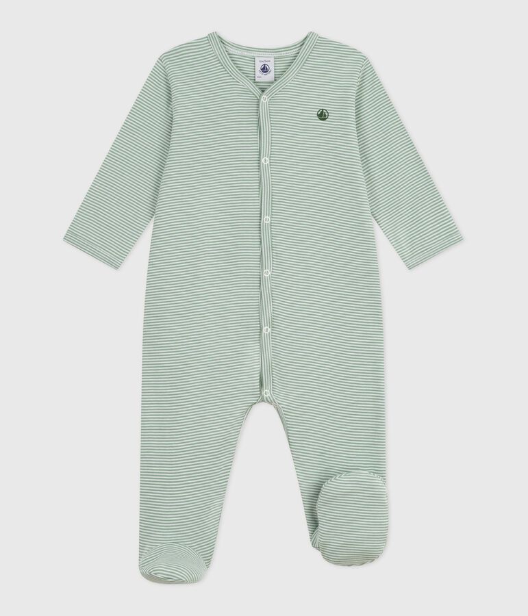 Pyjama b&eacute;b&eacute; en coton &agrave; rayures milleraies vert/blanc