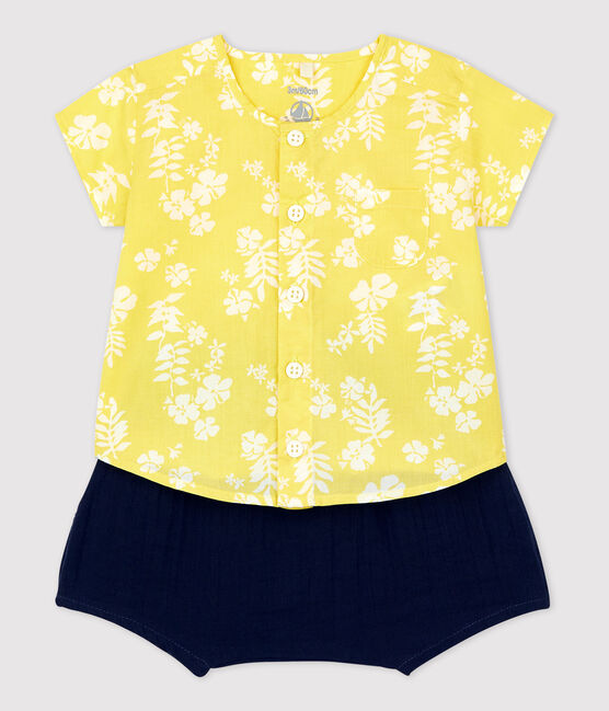 Ensemble deux pièces imprimé Hawaï en popeline bio bébé jaune ORGE/blanc MARSHMALLOW