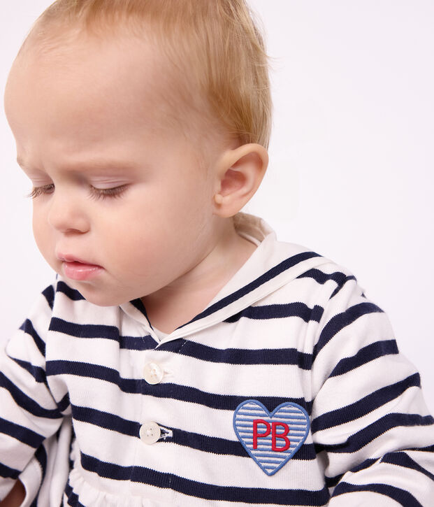 Robe b&eacute;b&eacute; en coton manches longues &agrave; rayures marini&egrave;re blanc/bleu