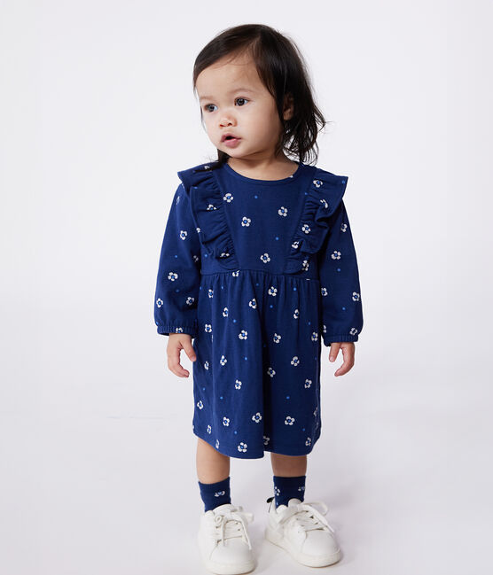 Robe bébé en coton manches longues , imprimée à fleurs bleu MEDIEVAL/blanc MULTICO