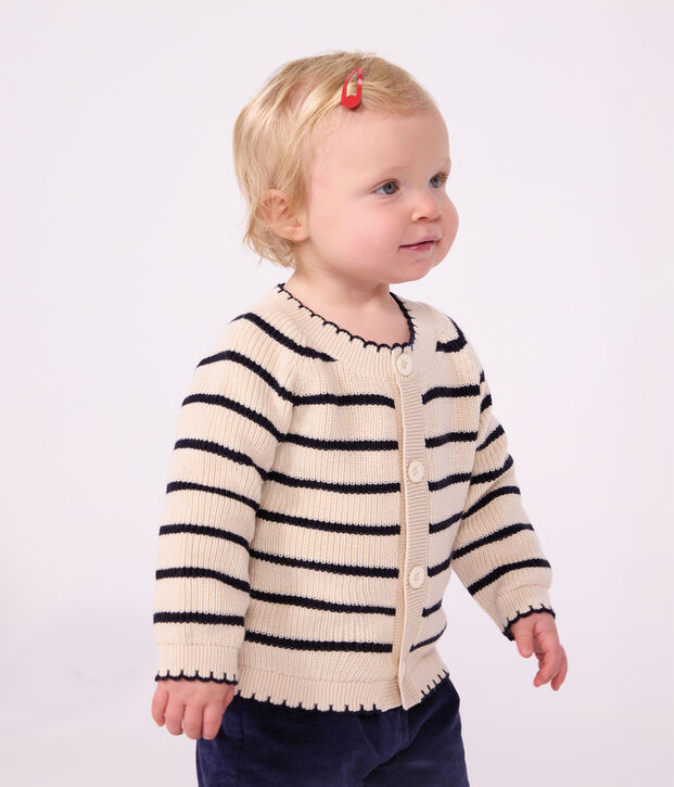 Cardigan b&eacute;b&eacute; en coton &agrave; rayures &eacute;cru/bleu